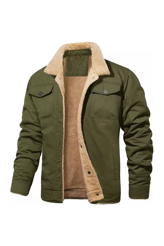 Mens Winter Sherpa Lined Jacket Thick Warm Fleece Casual Outdoor Button Down Coat with Pockets for Cold Weather Army Green L