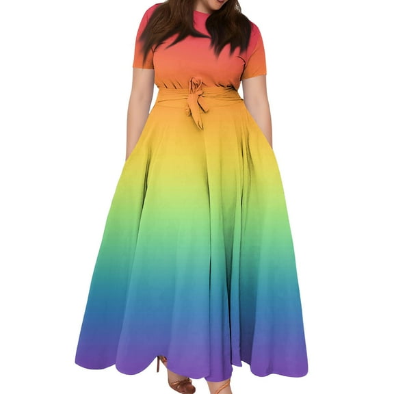 dGslk Plus Size Gradient Maxi Dress for Women, Short Sleeve Summer Casual Flowy Long Dress with Belt, Elegant Ombre Colorful Party Outfit YX
