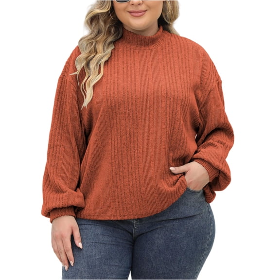 dGslk Plus Size Womens Long Sleeve Knitted Pullover Sweater Loose Fit Crewneck Ribbed Casual Top for Autumn Winter Fashion Ginger 2XL