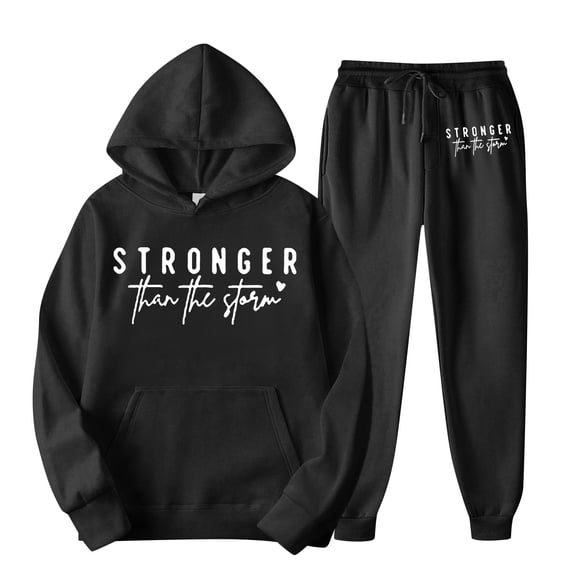 dGslk Red Hooded Sweatshirt and Sweatpants Set, STRONGER THAN THE STORM Motivational Print, Unisex Casual Tracksuit, Soft Fleece, Comfortable Loungewear for Men and Women Black S
