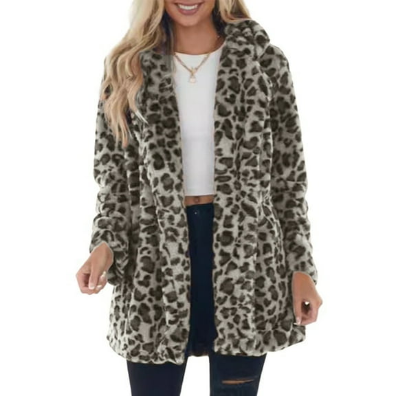 dGslk Women Faux Fur Leopard Print Coat Long Sleeve Hooded Warm Winter Outerwear Jacket for Casual Daily Wear Beige L