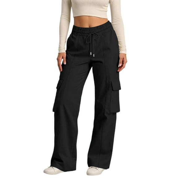 dGslk Women High Waist Cargo Pants Loose Fit Drawstring Waist Casual Trousers with Multiple Pockets for Daily Wear Travel Work Black L
