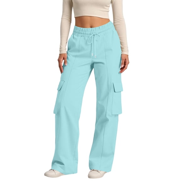 dGslk Women High Waist Cargo Pants Loose Fit Drawstring Waist Casual Trousers with Multiple Pockets for Daily Wear Travel Work Sky Blue M