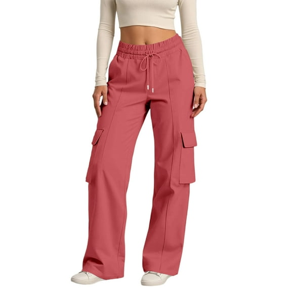 dGslk Women High Waist Cargo Pants Loose Fit Drawstring Waist Casual Trousers with Multiple Pockets for Daily Wear Travel Work Wine 2XL