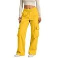 thumbnail image 1 of dGslk Women High Waist Cargo Pants Loose Fit Drawstring Waist Casual Trousers with Multiple Pockets for Daily Wear Travel Work Yellow XL, 1 of 2