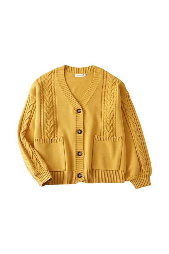 Women Knit Cardigan Sweater with Cable Knit Pattern V Neck Long Sleeve Button Front and Two Pockets for Casual Wear Yellow S