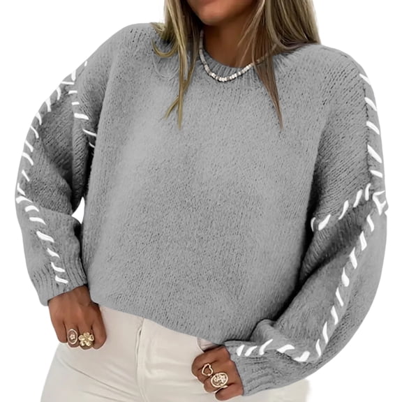 dGslk Women Knit Pullover Sweater Long Sleeve Loose Fit Crew Neck Soft Casual Lightweight Top for Everyday Wear Gray L