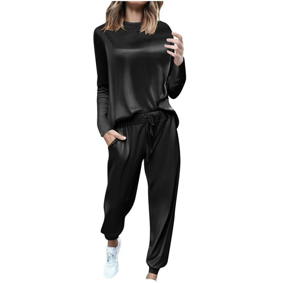 dGslk Women Satin Long Sleeve Loungewear Set Two Piece Soft Pajama Top and Drawstring Pants Sleepwear Tracksuit Outfit Black XL