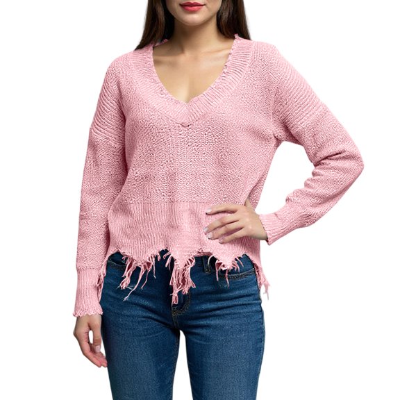 dGslk Women V Neck Distressed Hem Knit Sweater Long Sleeve Pullover Casual Loose Fit Lightweight Tops for Fall Winter Pink XL