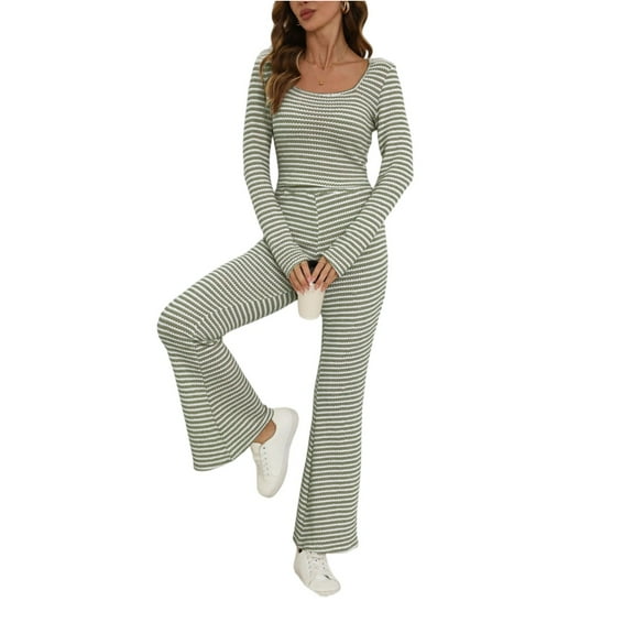 dGslk Women's 2 Piece Outfits Sets Ruched Long Sleeve Tops Wide Leg Pants Tracksuit Sets Army Green L