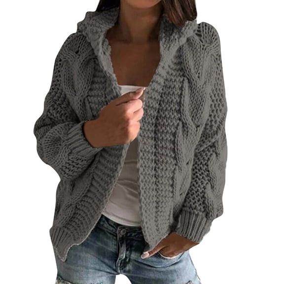dGslk Women's Autmn And Winter Hooded Jacket Solid Color Knitted Cardigan Sweater Dark Gray 3XL