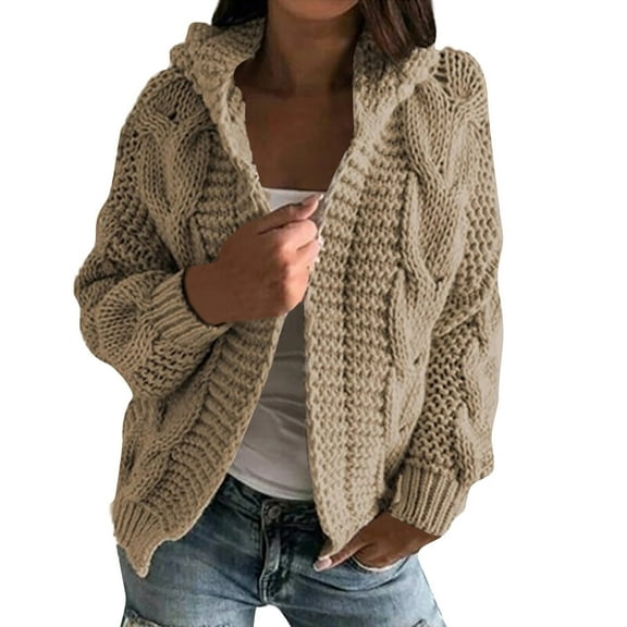 dGslk Women's Autmn And Winter Hooded Jacket Solid Color Knitted Cardigan Sweater Khaki XL