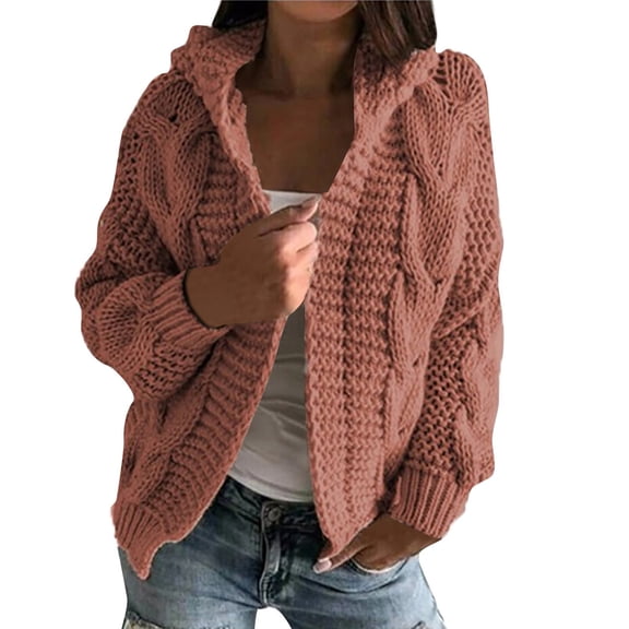dGslk Women's Autmn And Winter Hooded Jacket Solid Color Knitted Cardigan Sweater Watermelon Red S