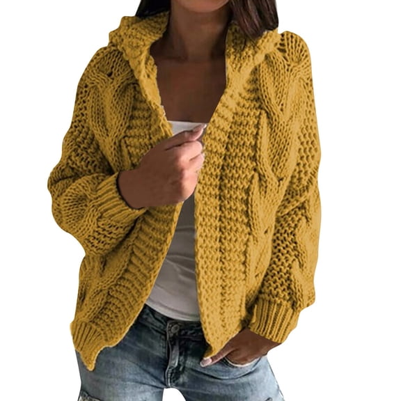 dGslk Women's Autmn And Winter Hooded Jacket Solid Color Knitted Cardigan Sweater Yellow S