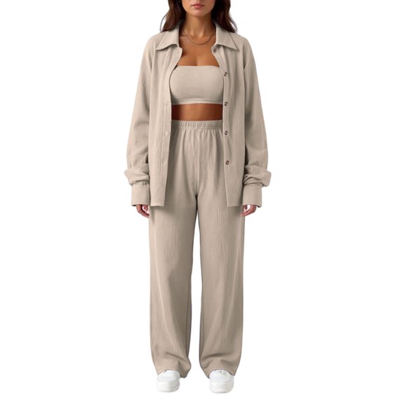 dGslk Women's Casual Fashion Solid Color Button Cardigan Lapel Two-Piece Suit Khaki 2XL