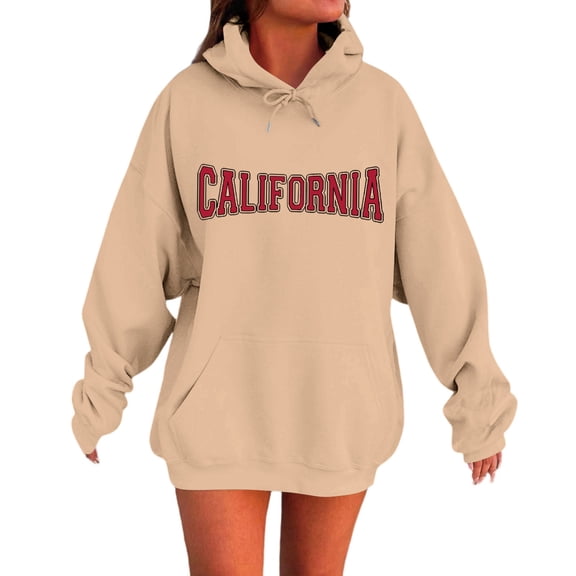 dGslk Women's Casual Hooded Long-sleeved Printed Letter Baseball Jacket Plus Velvet And Thick Warm Sweatshirt Coffee 2XL