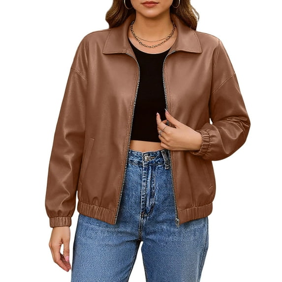 dGslk Women's Casual Long-Sleeved Solid Color PU Motorcycle Leather Jacket Brown L