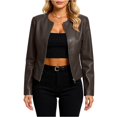 thumbnail image 1 of dGslk Women's Casual Long-Sleeved Solid Color PU Motorcycle Leather Jacket Coffee XL, 1 of 2