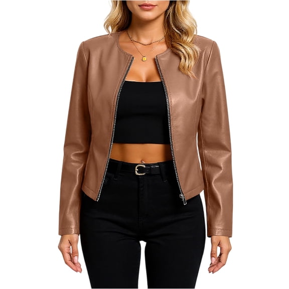 dGslk Women's Casual Long-Sleeved Solid Color PU Motorcycle Leather Jacket Light Brown L