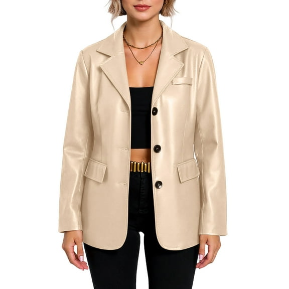dGslk Women's Casual Long-Sleeved Solid-Color Single- PU Blzer Jacket Beige 2XL