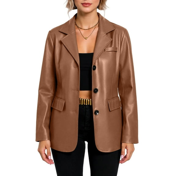 dGslk Women's Casual Long-Sleeved Solid-Color Single- PU Blzer Jacket Brown M