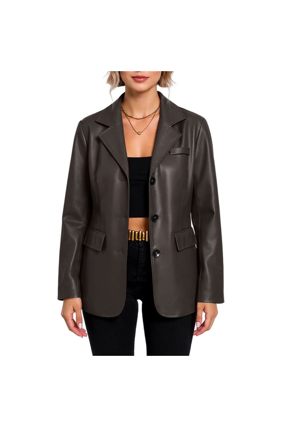 Women's Casual Long-Sleeved Solid-Color Single- PU Blzer Jacket Coffee S