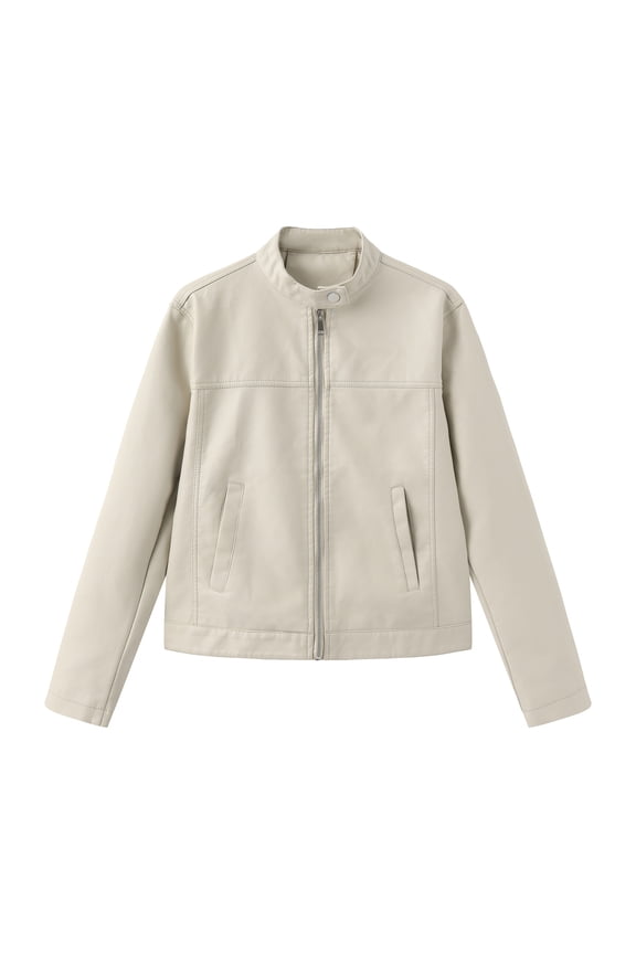 Women's Casual Solid Color Stand Up Collar Long Sleeved Zipper Pocket Jacket Motorcycle Suit Jacket Leather Jacket Beige M