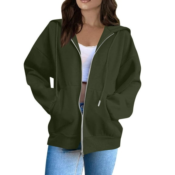 dGslk Women's Casual Zip Up Hoodie Jacket with Pockets, Long Sleeve Lightweight Sweatshirt for Spring and Fall, Fashionable Loose Fit Outerwear Army Green L