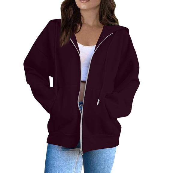 dGslk Women's Casual Zip Up Hoodie Jacket with Pockets, Long Sleeve Lightweight Sweatshirt for Spring and Fall, Fashionable Loose Fit Outerwear Wine M