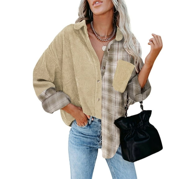 dGslk Women’s Corduroy and Plaid Button Down Shirt Long Sleeve Patchwork Casual Loose Fit Lapel Collar Blouse Top Beige M