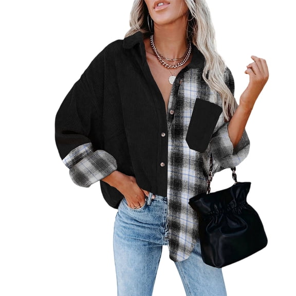 dGslk Women’s Corduroy and Plaid Button Down Shirt Long Sleeve Patchwork Casual Loose Fit Lapel Collar Blouse Top Black M