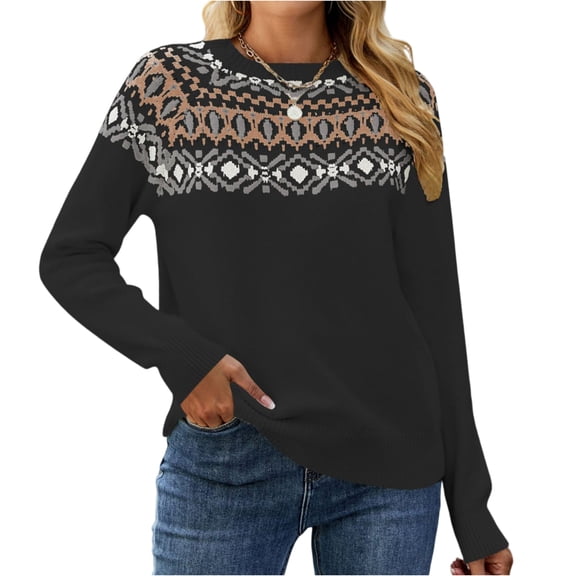 dGslk Women’s Crewneck Knitted Pullover Sweater with Geometric Pattern Long Sleeve Soft Casual Winter Top for Everyday Wear Black M