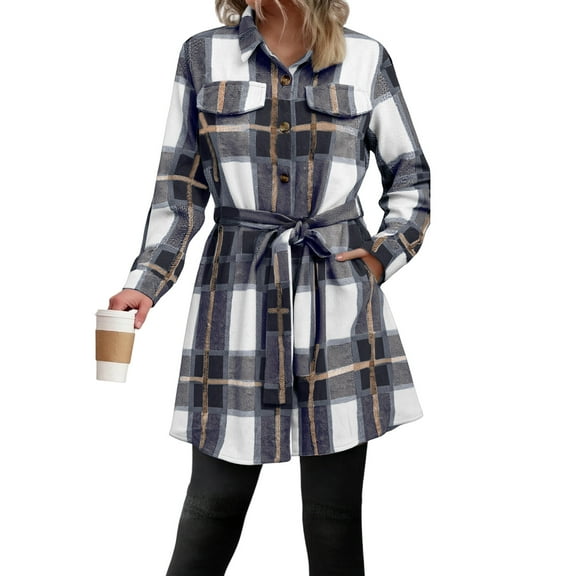 dGslk Women's Fashionable Temperament Plaid Long Sleeve Shirt Belted Cardigan Jacket Blue M