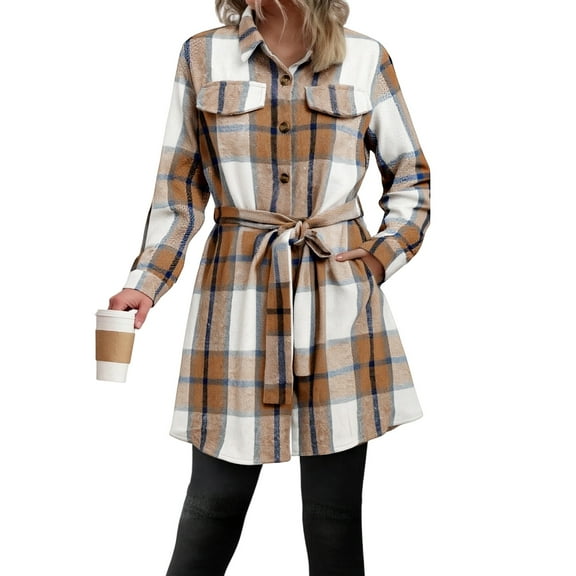 dGslk Women's Fashionable Temperament Plaid Long Sleeve Shirt Belted Cardigan Jacket Light Brown M