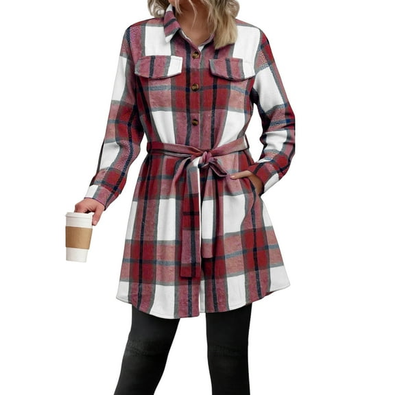dGslk Women's Fashionable Temperament Plaid Long Sleeve Shirt Belted Cardigan Jacket Red L