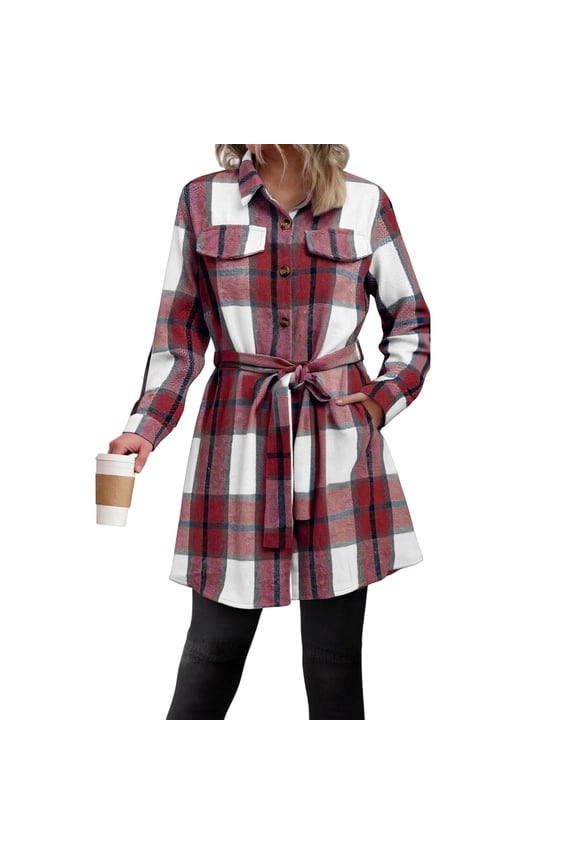 Women's Fashionable Temperament Plaid Long Sleeve Shirt Belted Cardigan Jacket Red L