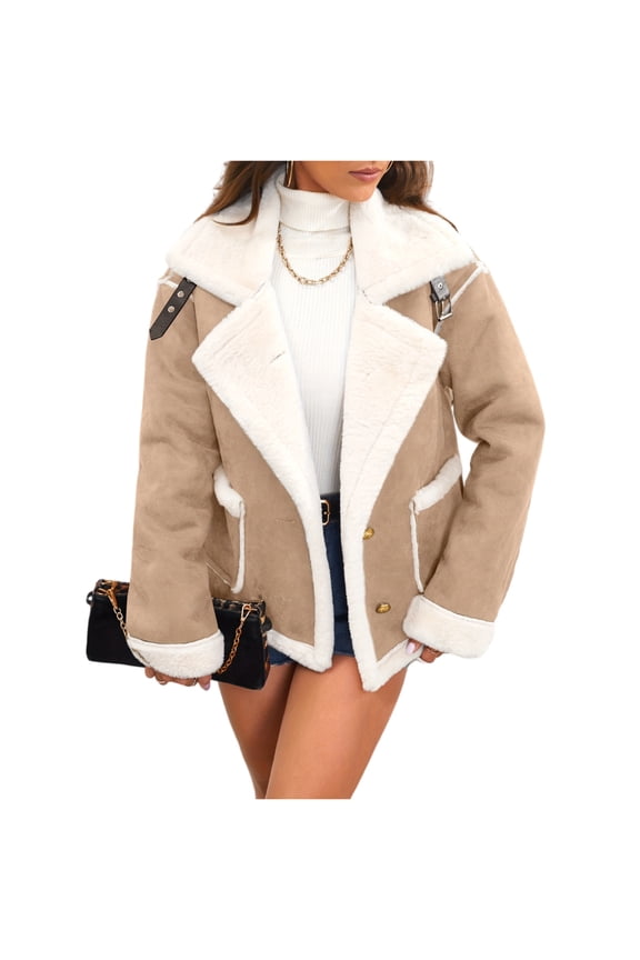 Women’s Faux Shearling Suede Jacket with Lapel Collar Warm Fleece Lined Winter Coat Stylish Purple Outerwear for Fall and Winter Earthy Yellow M