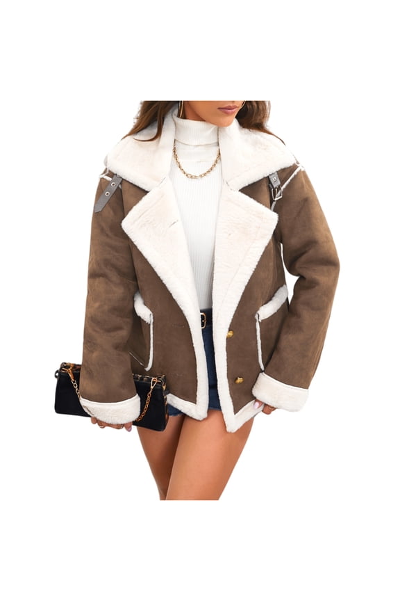 Women’s Faux Shearling Suede Jacket with Lapel Collar Warm Fleece Lined Winter Coat Stylish Purple Outerwear for Fall and Winter Coffee L