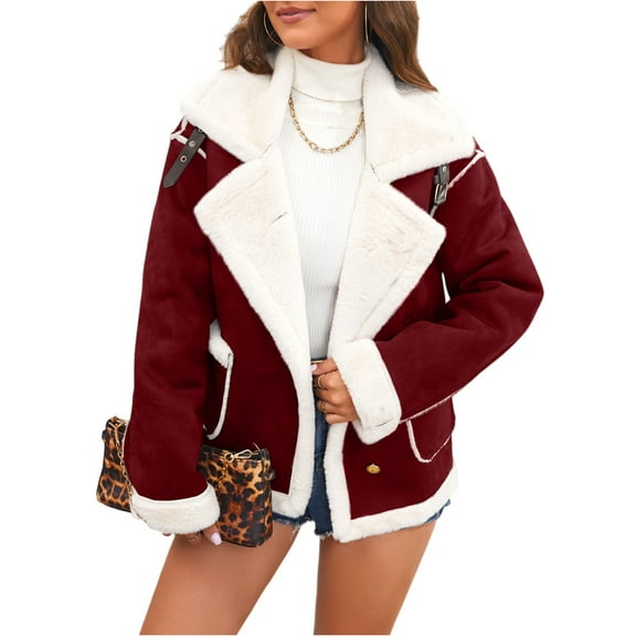 dGslk Women’s Faux Shearling Suede Jacket with Lapel Collar Warm Fleece Lined Winter Coat Stylish Purple Outerwear for Fall and Winter Deep Red S