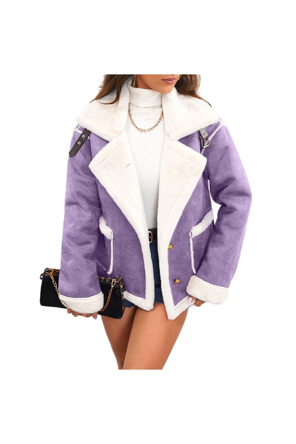 Women’s Faux Shearling Suede Jacket with Lapel Collar Warm Fleece Lined Winter Coat Stylish Purple Outerwear for Fall and Winter Purple M