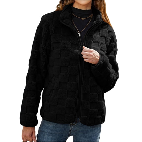 dGslk Women’s Fleece Jacket with Stand Collar Full Zip Up Soft Textured Outerwear for Casual Daily Wear Layering Black S