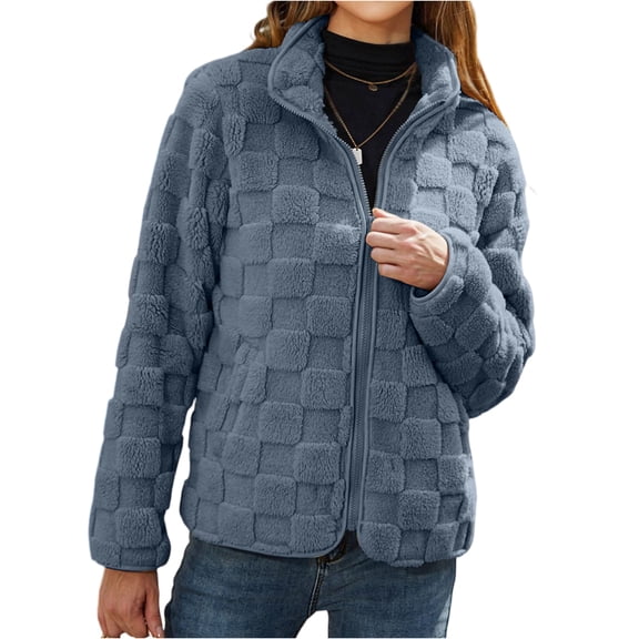 dGslk Women’s Fleece Jacket with Stand Collar Full Zip Up Soft Textured Outerwear for Casual Daily Wear Layering Blue S