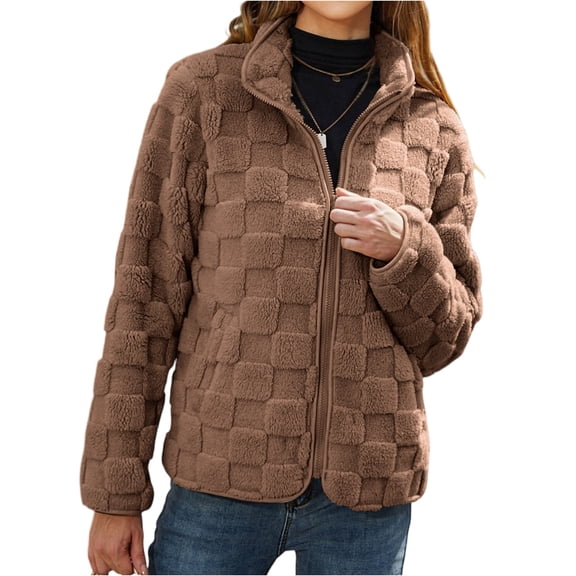 dGslk Women’s Fleece Jacket with Stand Collar Full Zip Up Soft Textured Outerwear for Casual Daily Wear Layering Light Brown 2XL