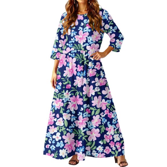 dGslk Women’s Floral Maxi Dress with 3/4 Sleeves, Lightweight Casual Loose Fit Summer Long Dress for Beach, Party, Vacation, and Daily Wear Dark Blue A 2XL