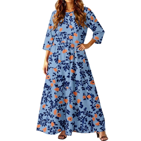 dGslk Women’s Floral Maxi Dress with 3/4 Sleeves, Lightweight Casual Loose Fit Summer Long Dress for Beach, Party, Vacation, and Daily Wear Light Blue D M