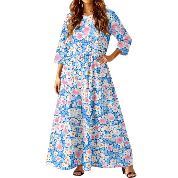 dGslk Women’s Floral Maxi Dress with 3/4 Sleeves, Lightweight Casual Loose Fit Summer Long Dress for Beach, Party, Vacation, and Daily Wear Light Blue S