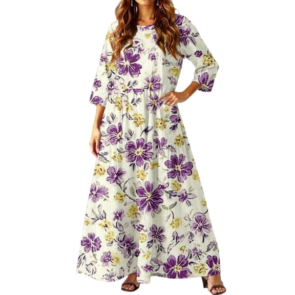 dGslk Women’s Floral Maxi Dress with 3/4 Sleeves, Lightweight Casual Loose Fit Summer Long Dress for Beach, Party, Vacation, and Daily Wear Light Purple A 2XL