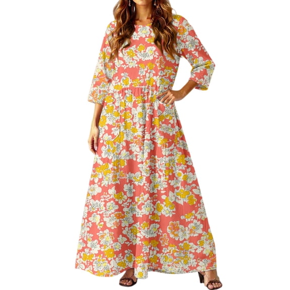 dGslk Women’s Floral Maxi Dress with 3/4 Sleeves, Lightweight Casual Loose Fit Summer Long Dress for Beach, Party, Vacation, and Daily Wear Saffron C 2XL