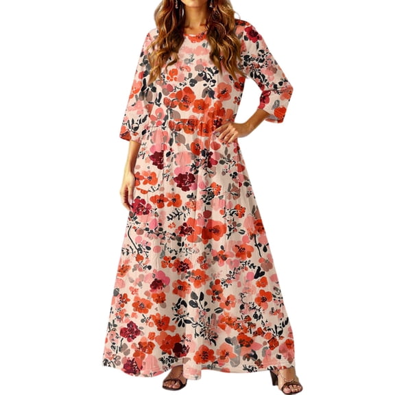 dGslk Women’s Floral Maxi Dress with 3/4 Sleeves, Lightweight Casual Loose Fit Summer Long Dress for Beach, Party, Vacation, and Daily Wear Saffron A S
