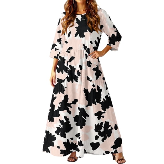 dGslk Women’s Floral Maxi Dress with 3/4 Sleeves, Lightweight Casual Loose Fit Summer Long Dress for Beach, Party, Vacation, and Daily Wear Beige E M